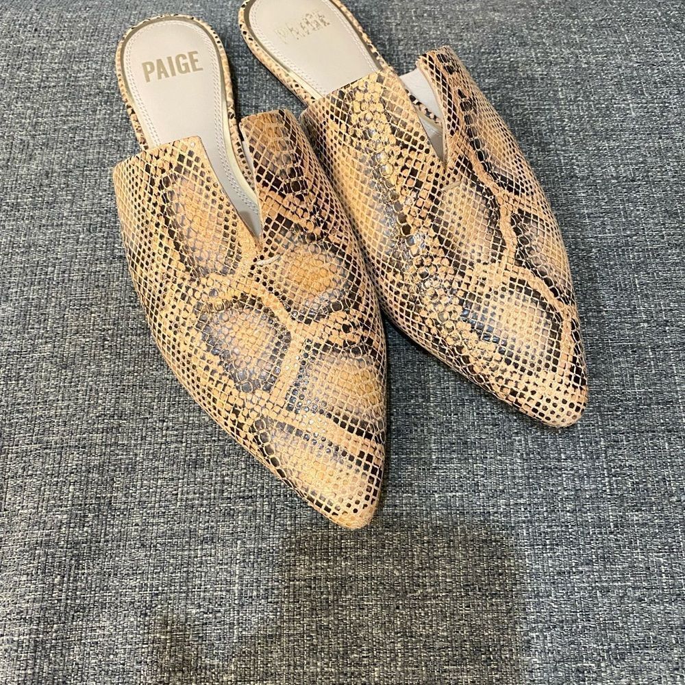 PAIGE Women's Tan Snake Print Mules Women Size 8